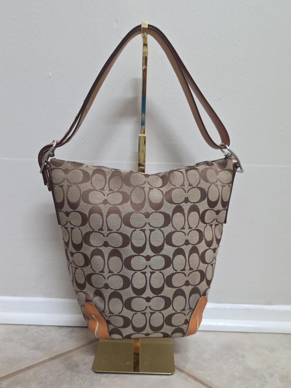 Coach Signature Jacquard Brown Bucket Bag Shoulder Orange Int Crossbody